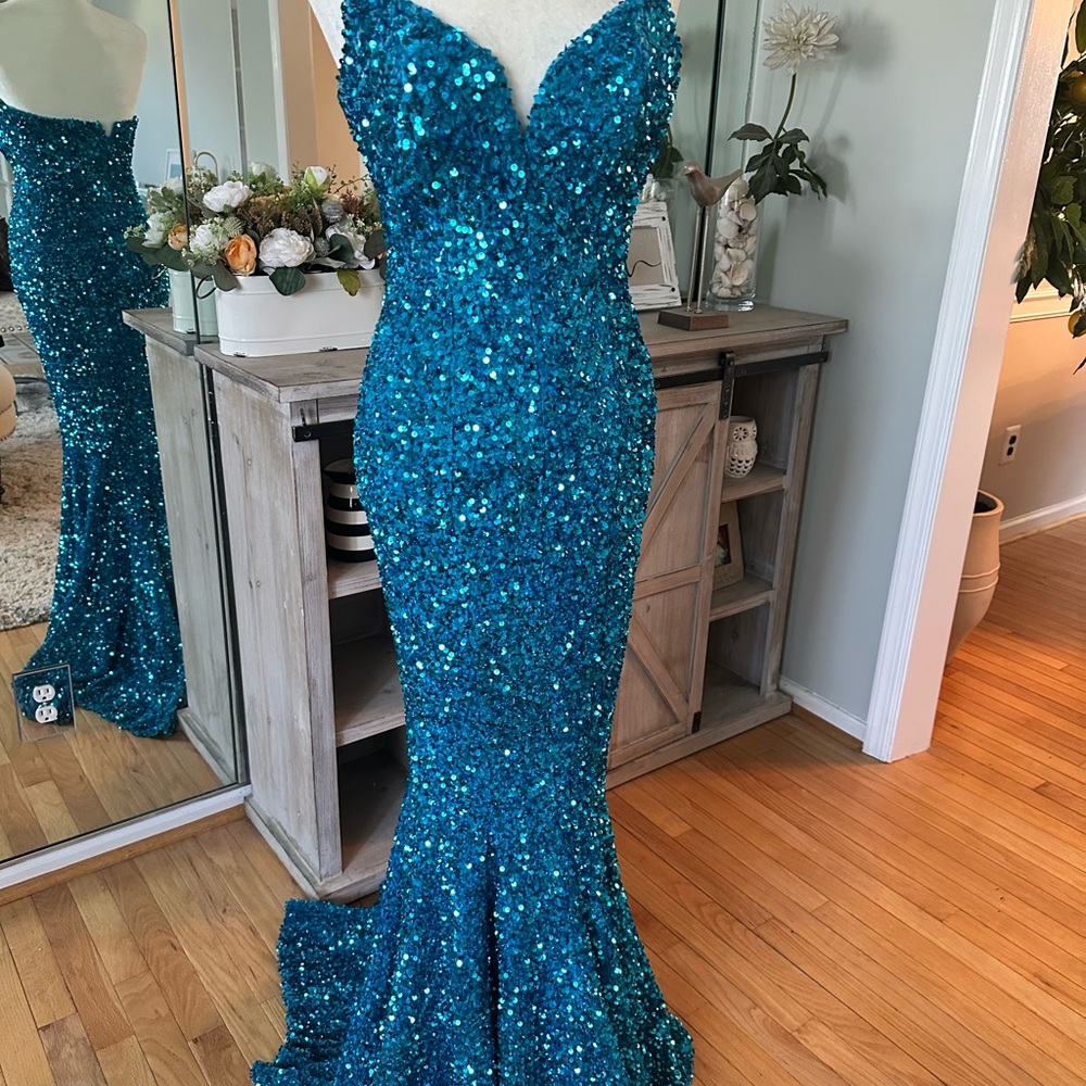 Strapless Mermaid Sequin Prom Dress - Aqua - Picture 2 of 10